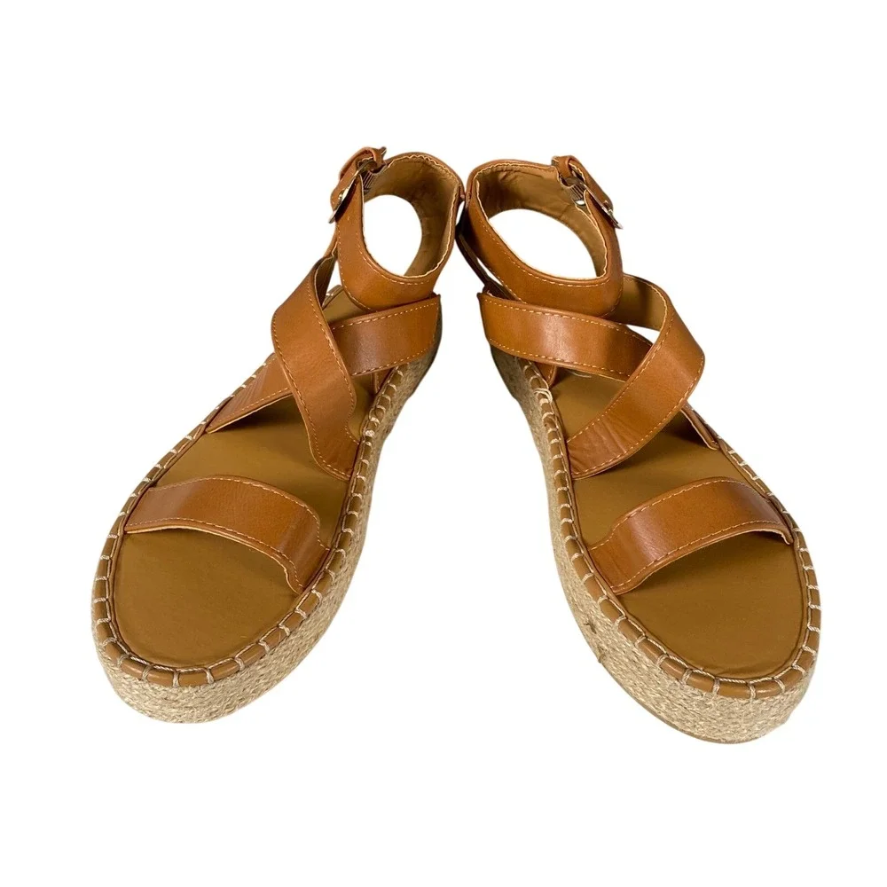 Qupid Tan Faux Leather Espadrille Platform Sandals Strappy Ankle Buckle Size 7.5
